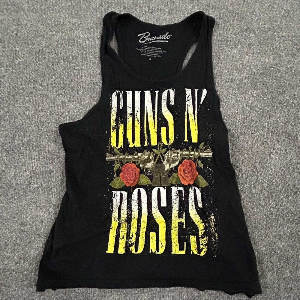 Bravado Tank Top Womens Size S Black Guns N' Graphic Racerback Raw Hem Band